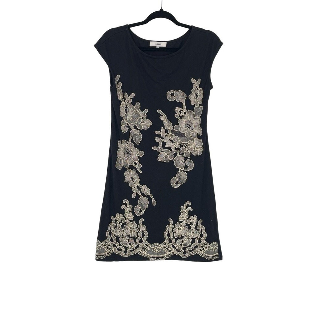 Revolve Likely Black Embroidered Cap Sleeve Boat Neck Boho Mini Dress Size 2